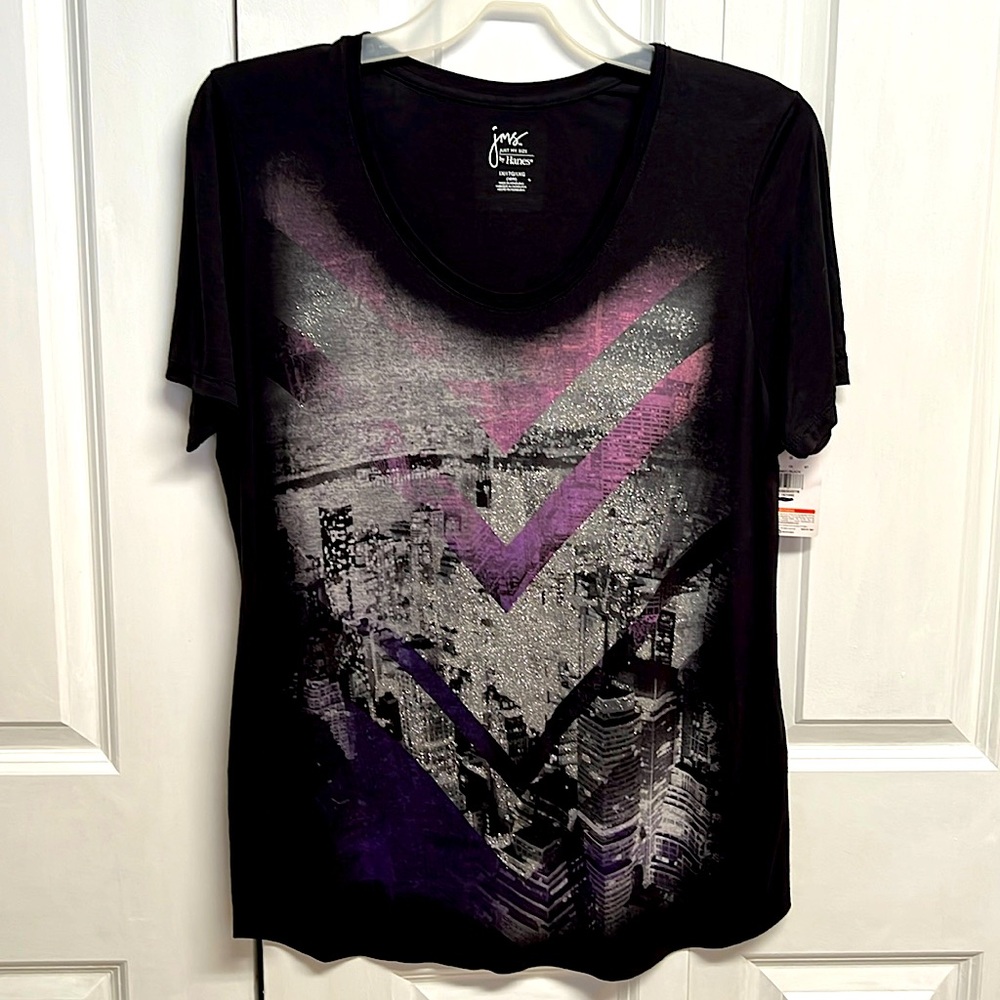 JMS Black Silver Sparkling City Graphic Tee Shirt Size Plus 1X / 16W NWT